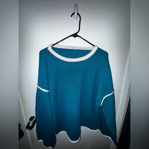 Teal and White Women's Crew Neck Sweater